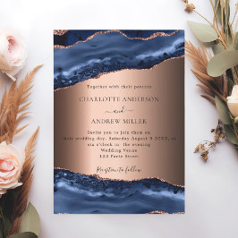 Invitación Boda de la noche de oro de rosa de ágata azul mari