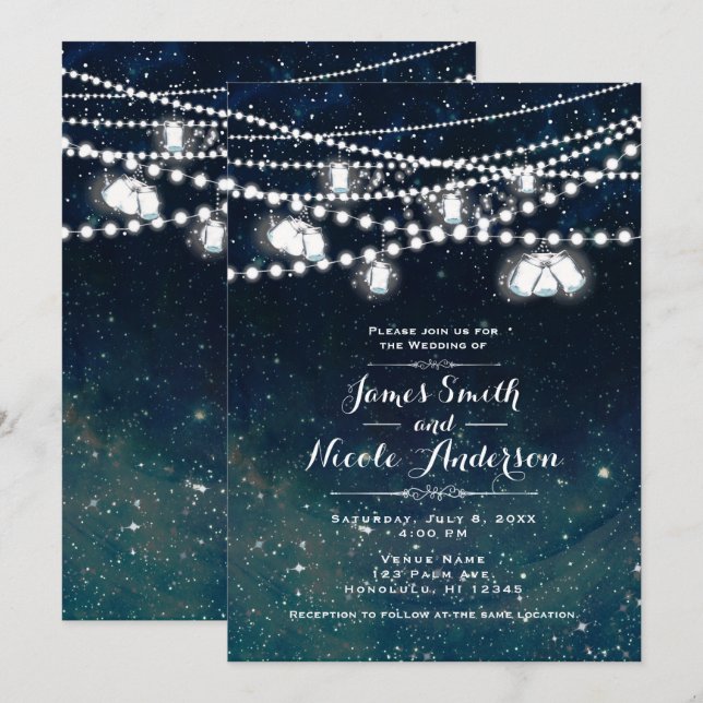 Invitación Boda de la noche rusa Sky Mason Jar Lights (Anverso / Reverso)