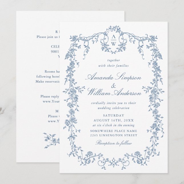 Invitación Boda de la Organización Francesa Azul victoriana t (Anverso / Reverso)