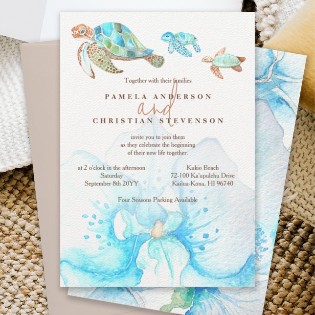 Invitación Boda de la Orquídea Azul Tropical y las Tortugas M (sea turtle wedding invitation, blue watercolor orchid, tropical malibu blue, beach wedding, ocean)