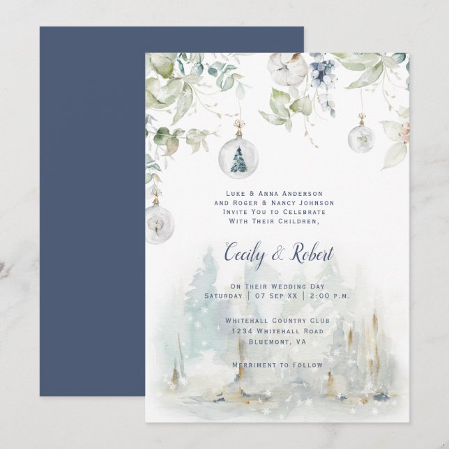 Invitación Boda de la oscurecida Blue Sage Green Floral Globo (Anverso / Reverso)