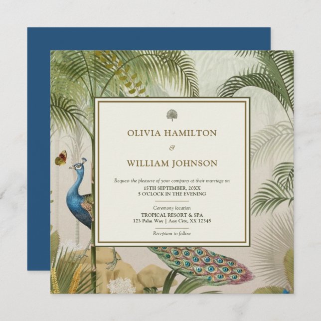 Invitación Boda de la paleta de pavo real tropical de la plaz (Anverso / Reverso)