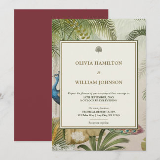 Invitación boda de la Palm de Pavo Real Tropical de Burgandy 