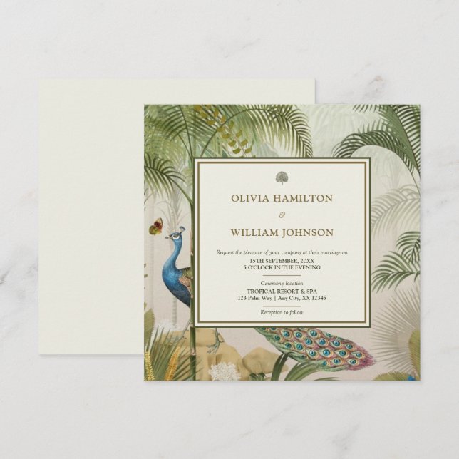 Invitación Boda de la Palm de Pavo Real Tropical de Marfil Sq (Anverso / Reverso)