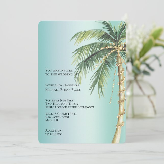 Invitación Boda de la Palm Tree Glitzy Gold de Glam verde tro (Anverso de pie)