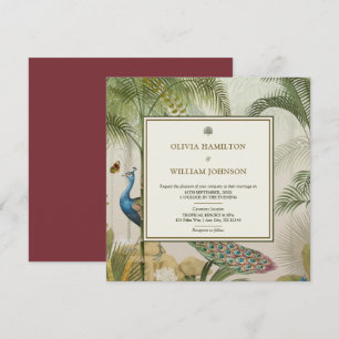 Invitación Boda de la Palm Tropical Peacock de Burgandy Squar