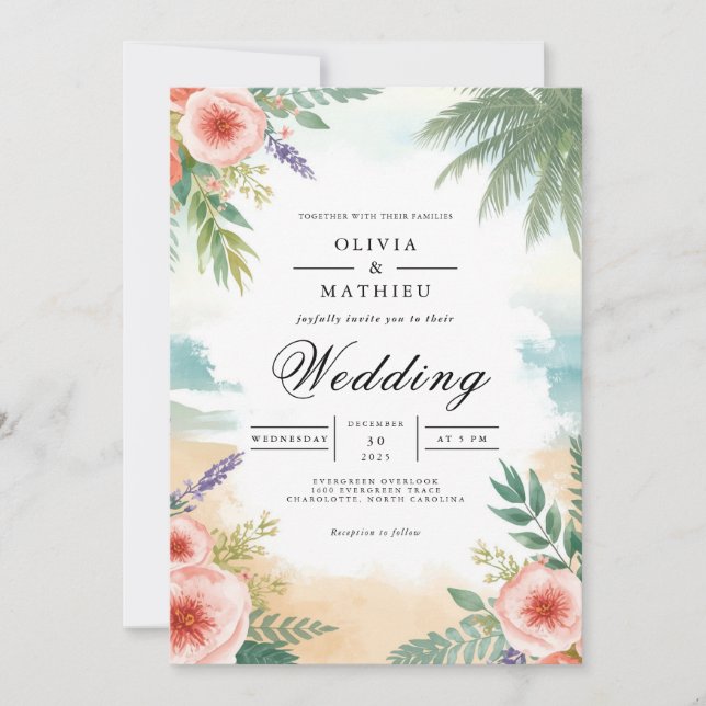 Invitación Boda de la palma floral costera (Anverso)