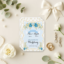 Invitación Boda de la paloma floral de oro azul claro