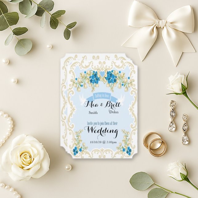Invitación Boda de la paloma floral de oro azul claro (Subido por el creador)