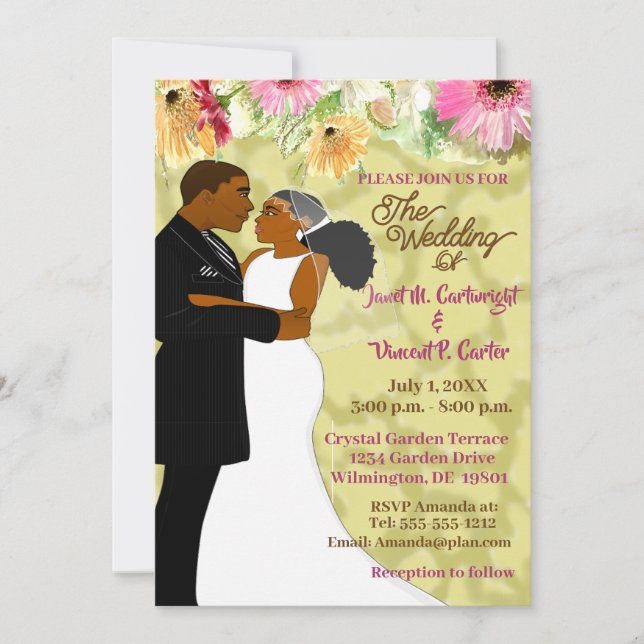 Invitación boda de la Pareja Afroamericana con flores de colo (Anverso)