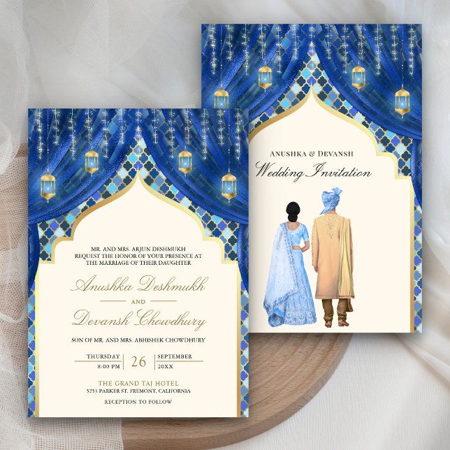 Invitación Boda de la pareja azul de las linternas doradas (Subido por el creador)