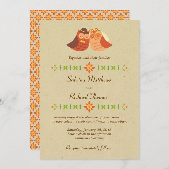 Invitación Boda de la pareja de búhos de Boho Lovebird (Anverso / Reverso)