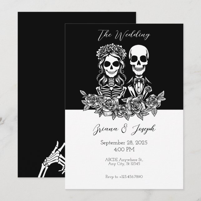Invitación Boda de la pareja de cráneos negros y blancos (Anverso / Reverso)
