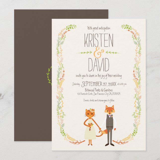 Invitación Boda de la Pareja Fox y Cat Woodland Whimsical (Anverso / Reverso)