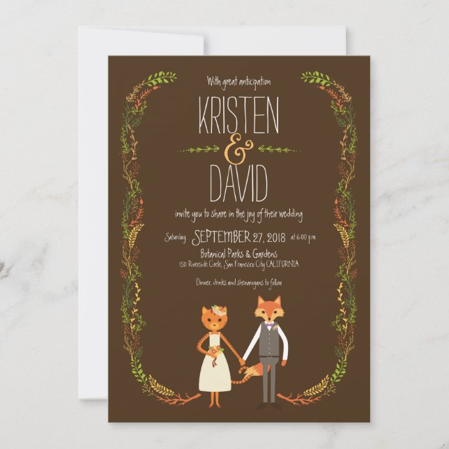 Invitación Boda de la Pareja Fox y Cat Woodland Whimsical (Anverso)