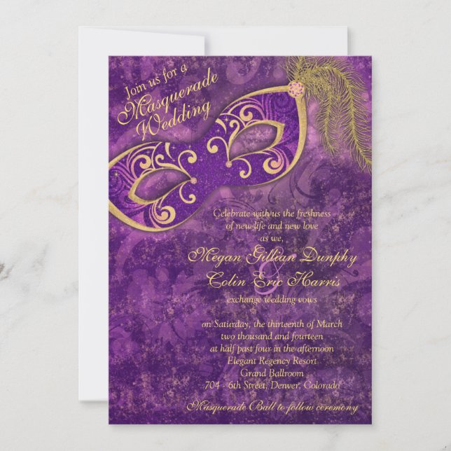 Invitación Boda de la pelota de oro morado Mardi Gras (Anverso)