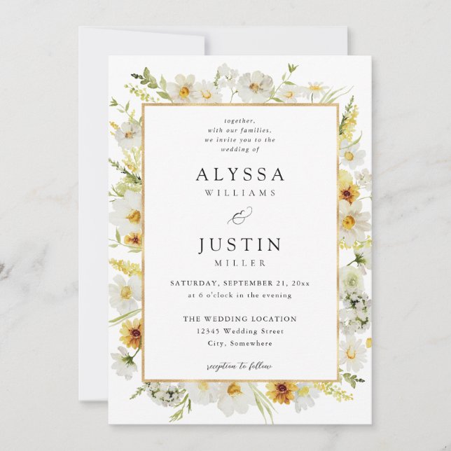 Invitación Boda de la piel floral blanca y amarilla (Anverso)