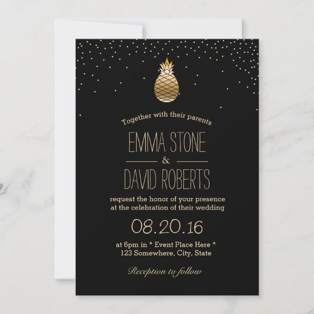 Invitación Boda de la piña de oro moderna y los puntos de con (Anverso)