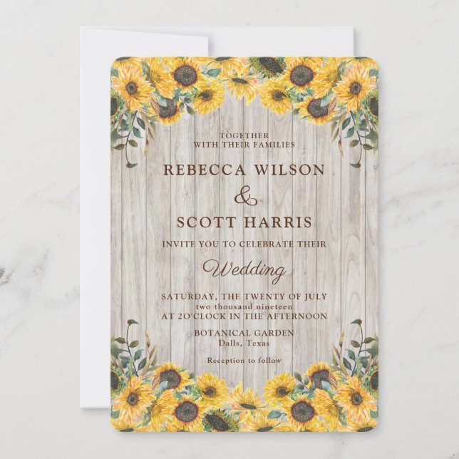 Invitación Boda de la planta de girasol de madera rústica (Anverso)