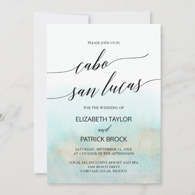 Invitación Boda de la playa Aqua y Gold Beach Cabo San Lucas (Anverso)