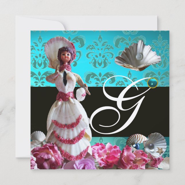 INVITACIÓN BODA DE LA PLAYA AZUL DAMASK - MONOGRAMA DE DUCHA  (Anverso)