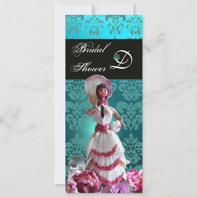 INVITACIÓN BODA DE LA PLAYA AZUL DAMASK - MONOGRAMA DE DUCHA  (Anverso)