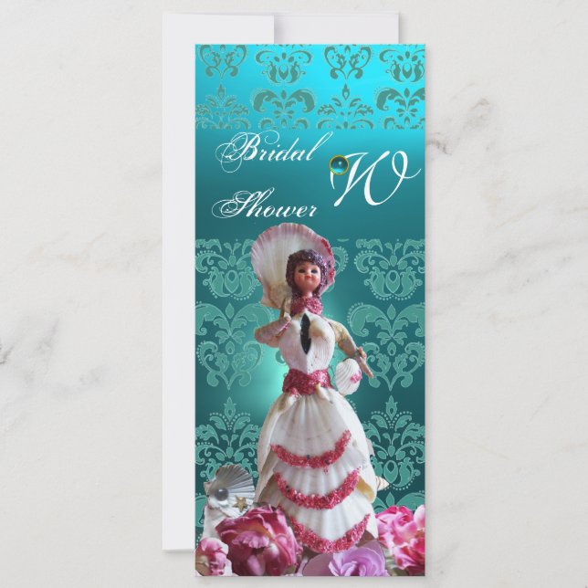 INVITACIÓN BODA DE LA PLAYA AZUL DAMASK - MONOGRAMA DE DUCHA  (Anverso)