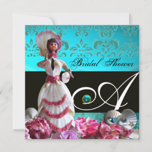 INVITACIÓN BODA DE LA PLAYA AZUL DAMASK - MONOGRAMA DE DUCHA 