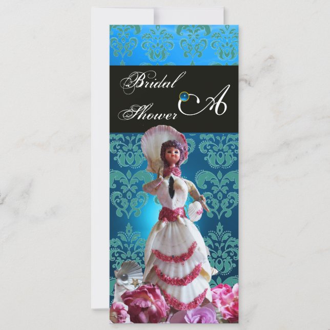 INVITACIÓN BODA DE LA PLAYA AZUL DAMASK - MONOGRAMA DE DUCHA  (Anverso)