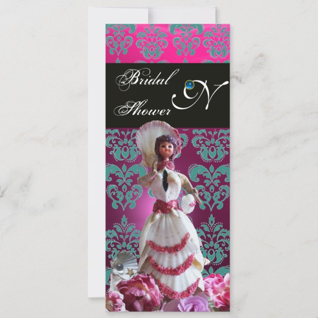 INVITACIÓN BODA DE LA PLAYA AZUL DAMASK - MONOGRAMA DE DUCHA  (Anverso)