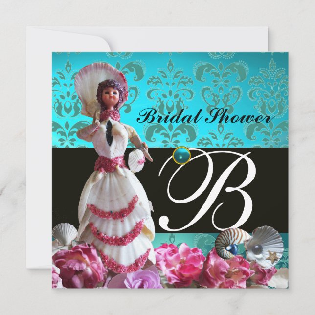 INVITACIÓN BODA DE LA PLAYA AZUL DAMASK - MONOGRAMA DE DUCHA  (Anverso)