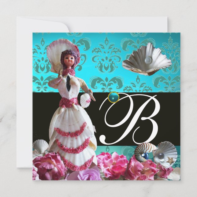 INVITACIÓN BODA DE LA PLAYA AZUL DAMASK - MONOGRAMA DE DUCHA 