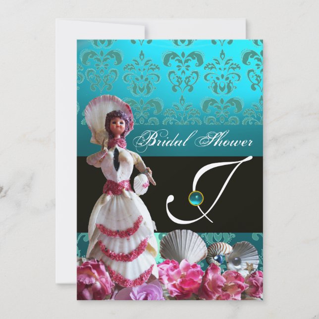 INVITACIÓN BODA DE LA PLAYA AZUL DAMASK - MONOGRAMA DE DUCHA  (Anverso)