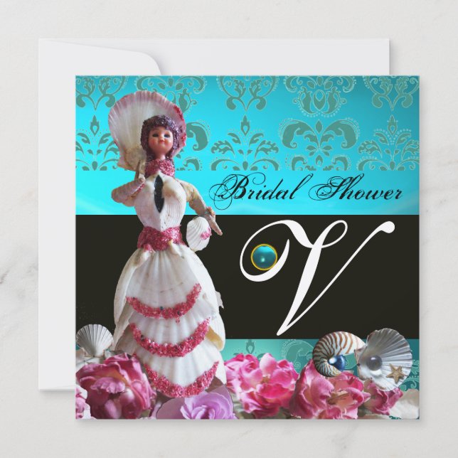 INVITACIÓN BODA DE LA PLAYA AZUL DAMASK - MONOGRAMA DE DUCHA  (Anverso)