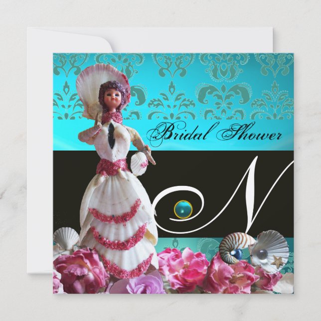 INVITACIÓN BODA DE LA PLAYA AZUL DAMASK - MONOGRAMA DE DUCHA  (Anverso)