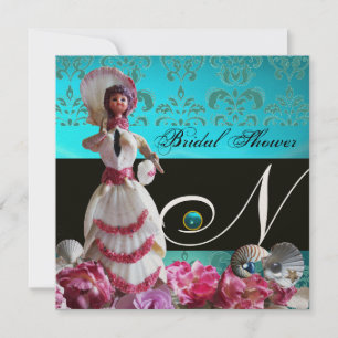 INVITACIÓN BODA DE LA PLAYA AZUL DAMASK - MONOGRAMA DE DUCHA 