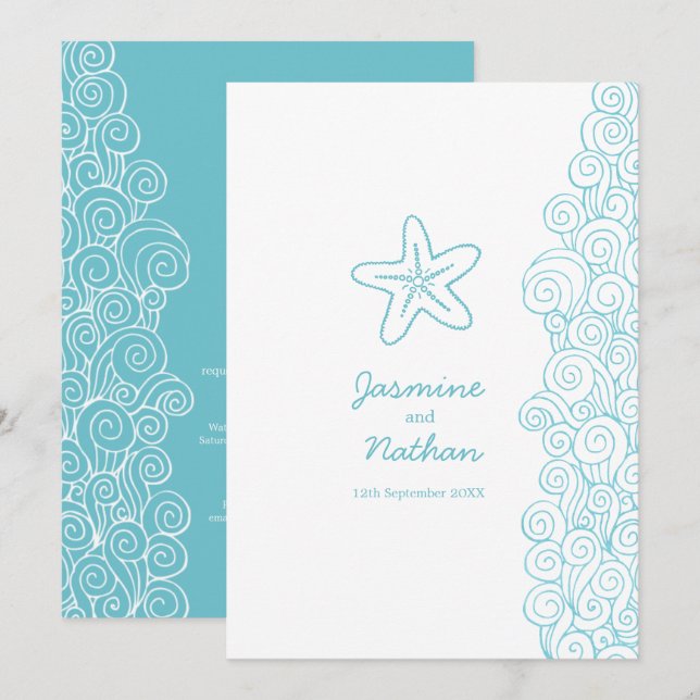 Invitación Boda de la playa blanca de la marea de los peces (Anverso / Reverso)