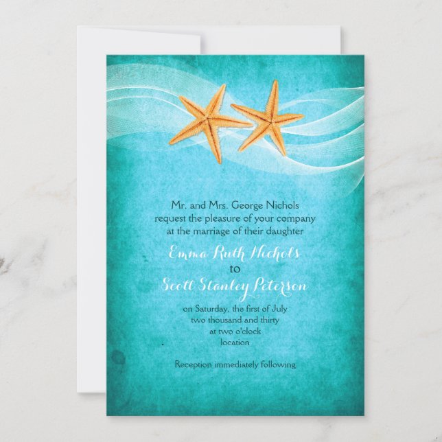 Invitación Boda de la playa de destino turquesa de la pareja  (Anverso)