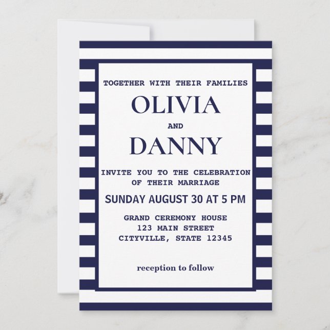 Invitación Boda de la playa de Stripe de la Marina (Anverso)