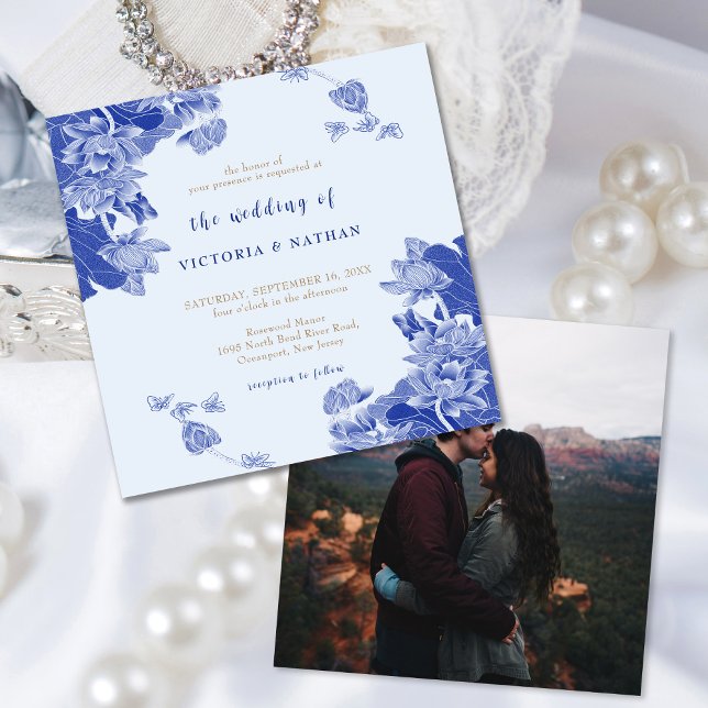 Invitación Boda de la Plaza de la Foto Floral Azul de Luz Rús (Subido por el creador)