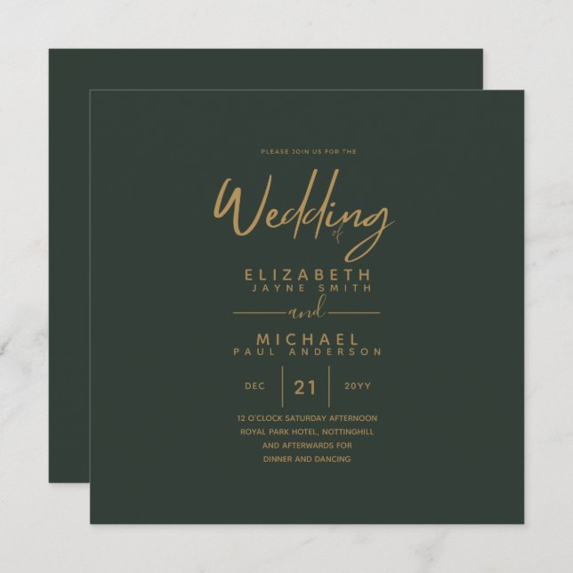 Invitación Boda de la Plaza del Oro Verde Moderno (Anverso / Reverso)
