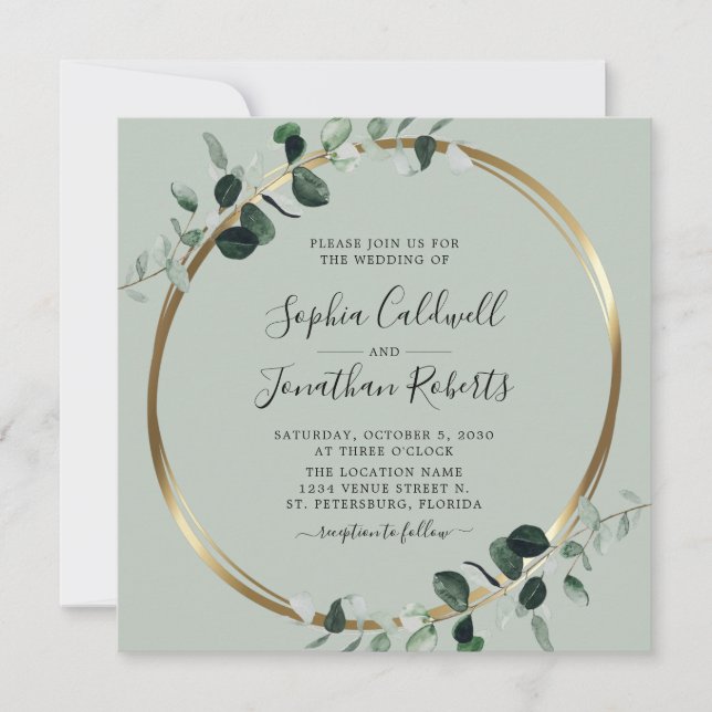 Invitación Boda de la Plaza Eucalyptus Gold Sage (Anverso)