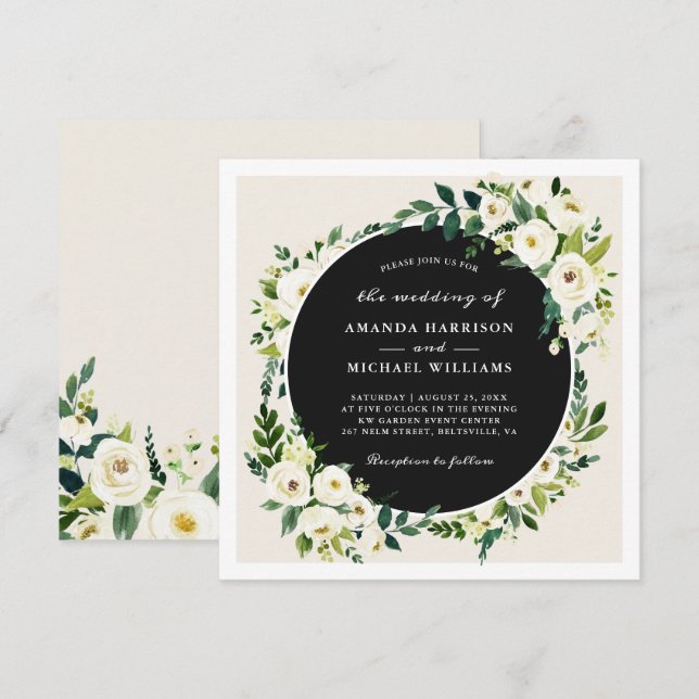 Invitación Boda de la plaza floral de la vegetación blanca de (Anverso / Reverso)