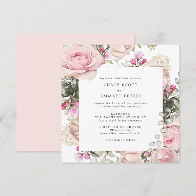 Invitación Boda de la Plaza Floral Rosa (Anverso / Reverso)