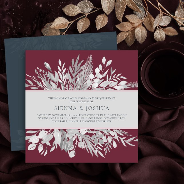Invitación Boda de la Plaza Gris Borgoña de hojas botánicas (Square wedding invitation in Burgundy and Grey from the Foliage Duet Collection by Darling & May)