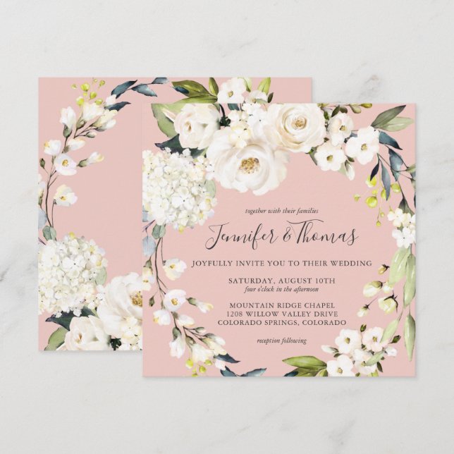 Invitación Boda de la plaza rosa Rubor floral blanca neutra (Anverso / Reverso)