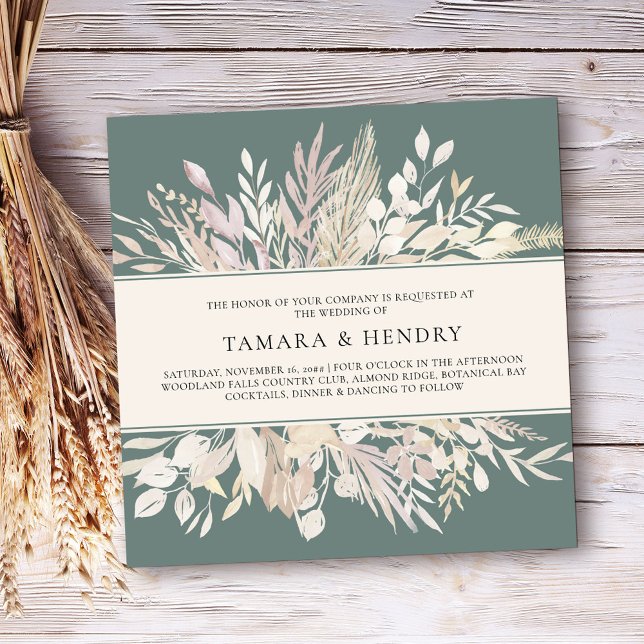 Invitación Boda de la Plaza Verde con hojas botánicas (Elegant square wedding invitation in Sage Green, from my Foliage Duet collection)