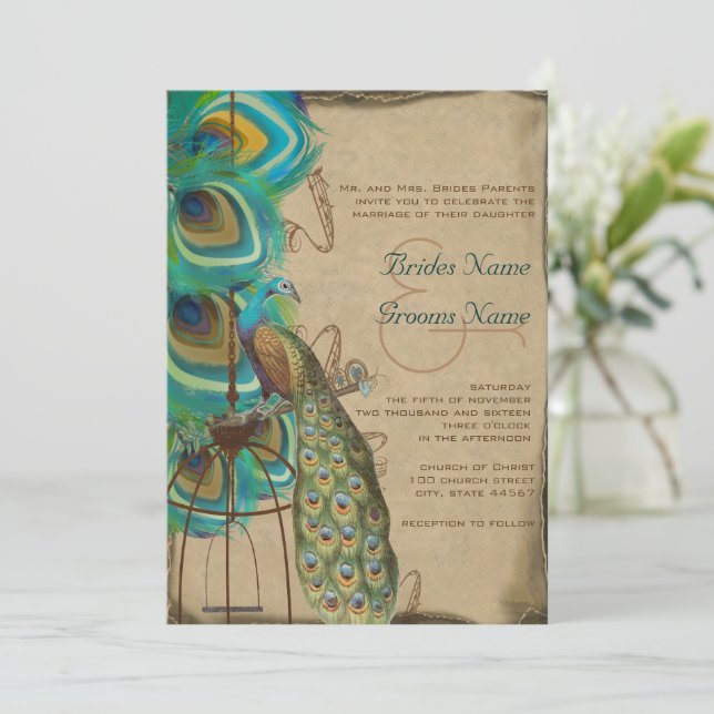 Invitación Boda de la pluma de aves rusas para pavos reales (Anverso de pie)