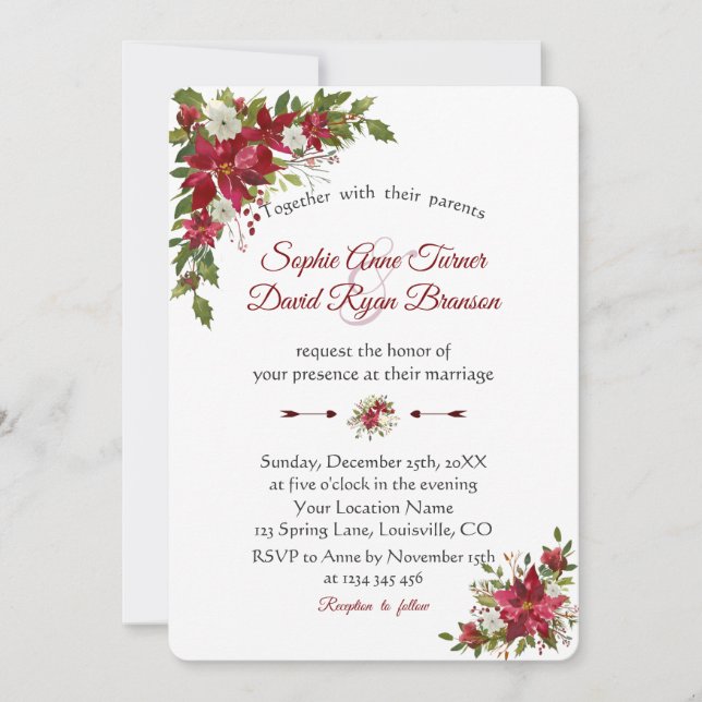 Invitación Boda de la poinsettia blanca roja de los navidades (Anverso)