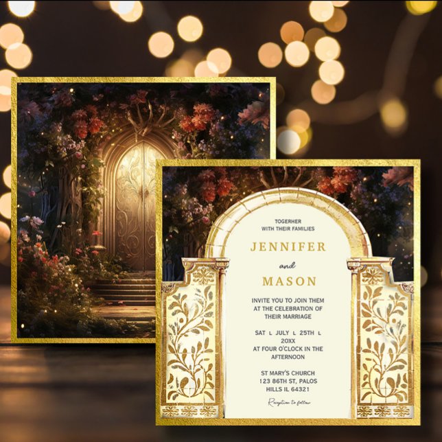 Invitación Boda de la puerta de jardín encantada (Enchanted Garden Gate Wedding Invitation #zazzlemade #dreamyinvitation #gardengatewedding#decorative)
